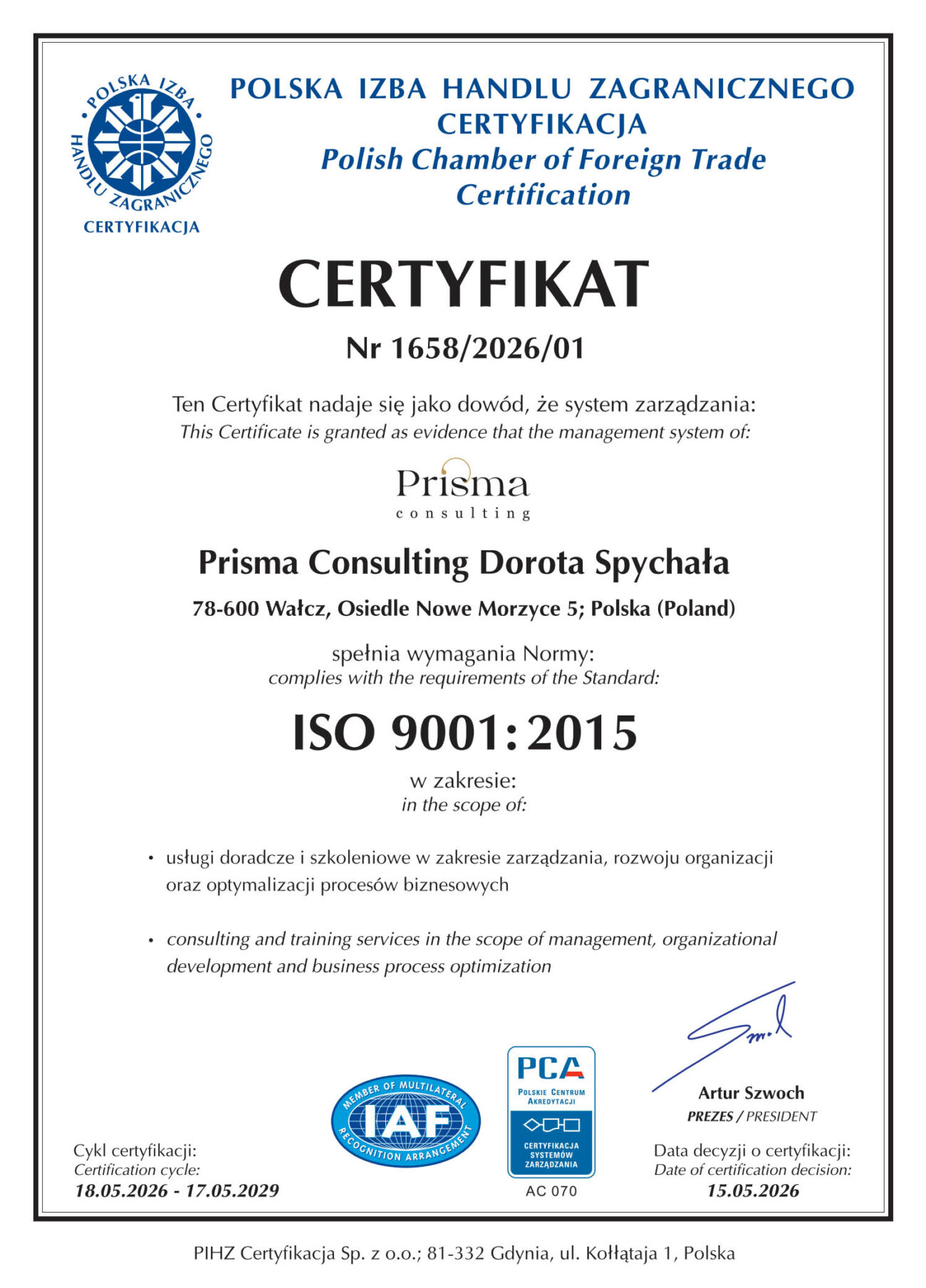 certyfikat iso prisma consulting