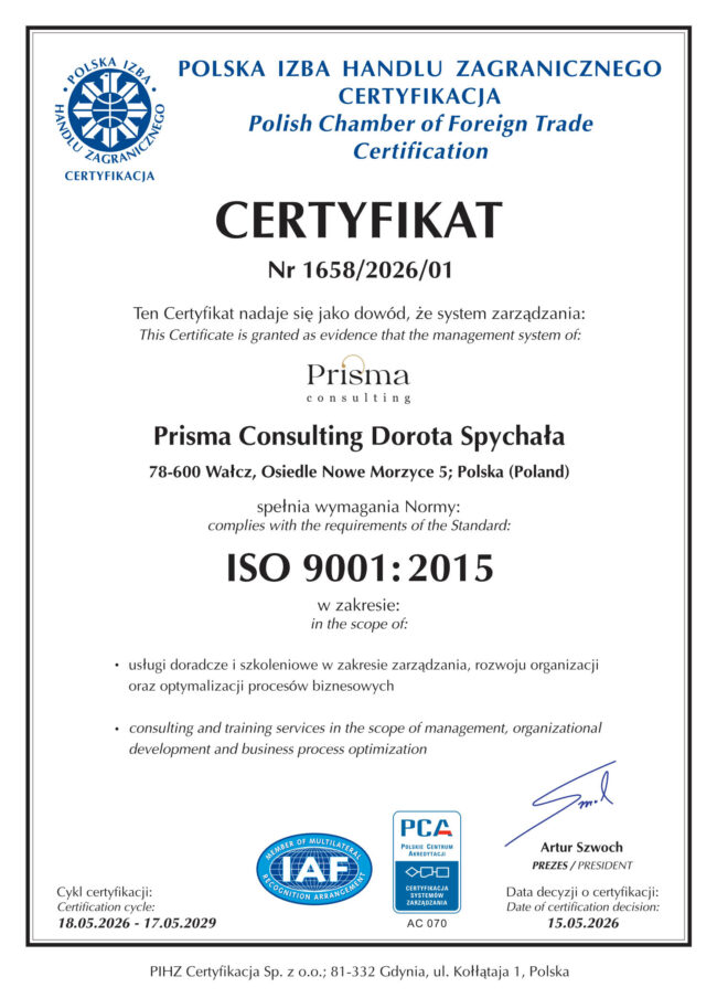 certyfikat iso prisma consulting