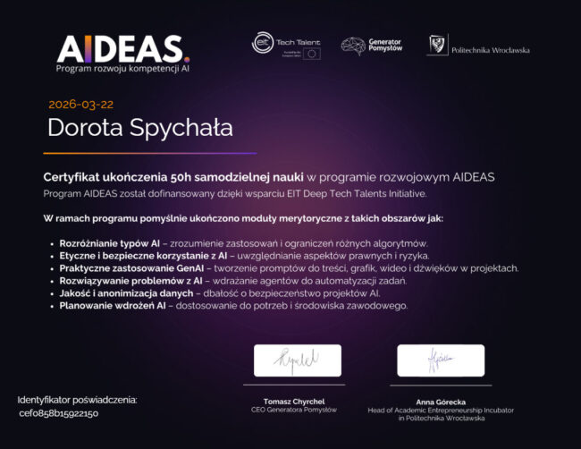 Certificate AIDEAS Dorota Spychala